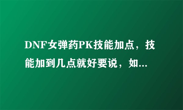 DNF女弹药PK技能加点，技能加到几点就好要说，如果加满的就说加满，注意是女弹药专家，全部技能都要说哦