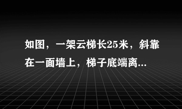 如图，一架云梯长25米，斜靠在一面墙上，梯子底端离墙7米。（1）这个梯子的顶端距地面有多高？（2）如果梯子的顶端下滑4米，那么梯子的底部在水平方向也滑动了4米吗？