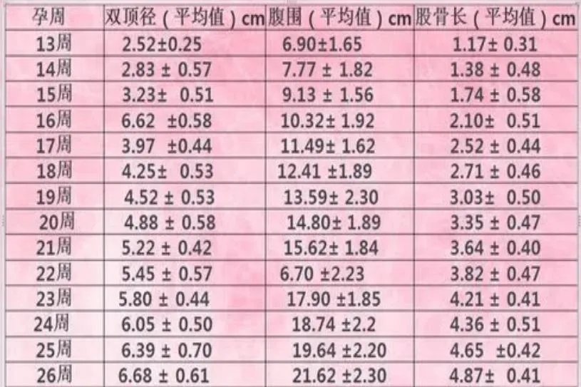 胎儿b超各项指标对照表